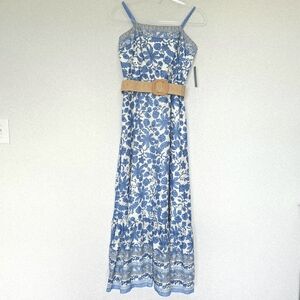 Taylor Printed Belted Maxi Dress Size 6 Blue Floral Boho NWT